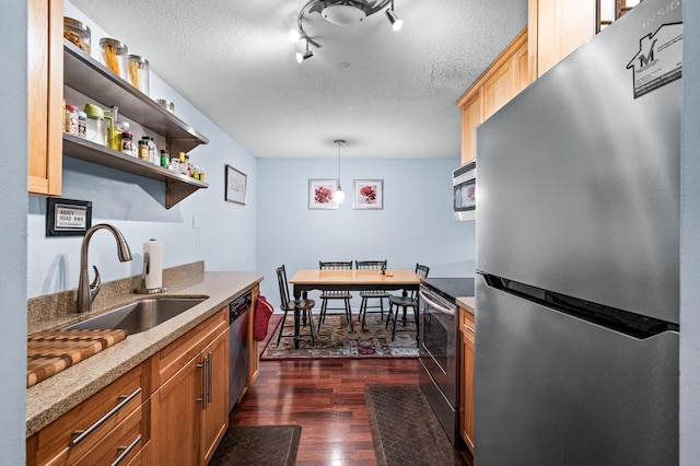 1901 Emerson Ave S Unit 303, Minneapolis, MN 55403 - kitchen featuring stainless steel appliances, dark wood-style floors, light stone countertops, open shelves, and a textured ceiling