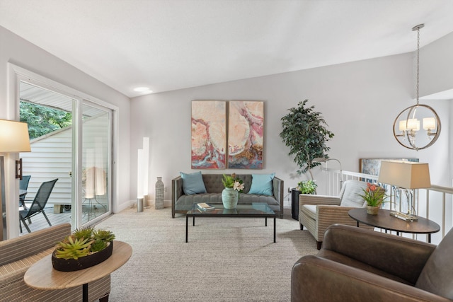 6368 Pheasant Ct, Edina, MN 55436 - living area featuring a chandelier, carpet floors, and vaulted ceiling
