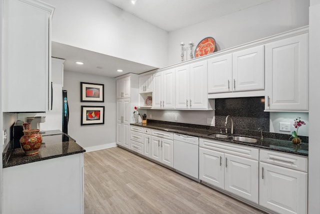 6368 Pheasant Ct, Edina, MN 55436 - kitchen with dishwasher, a sink, white cabinetry, dark stone countertops, and recessed lighting