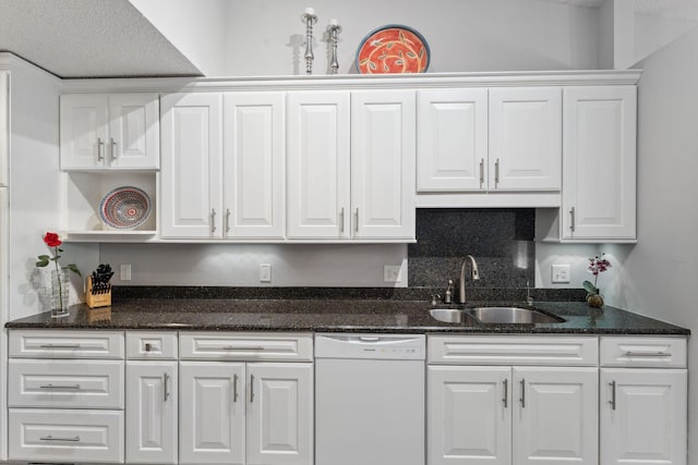 6368 Pheasant Ct, Edina, MN 55436 - kitchen with white dishwasher, a sink, white cabinetry, and dark stone counters