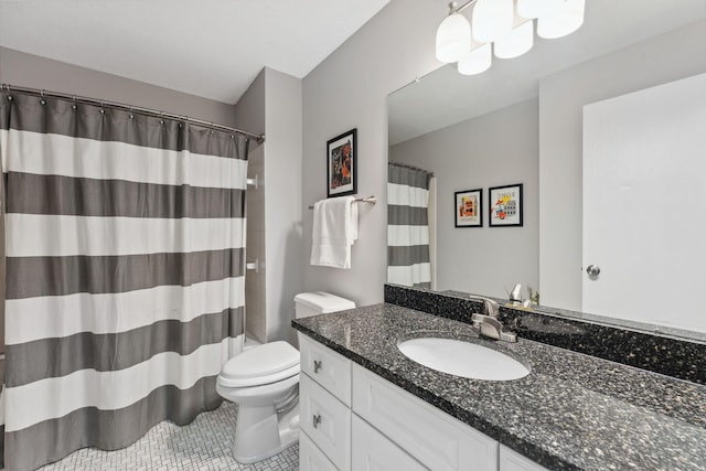 6368 Pheasant Ct, Edina, MN 55436 - bathroom featuring toilet, vanity, tile patterned floors, and curtained shower