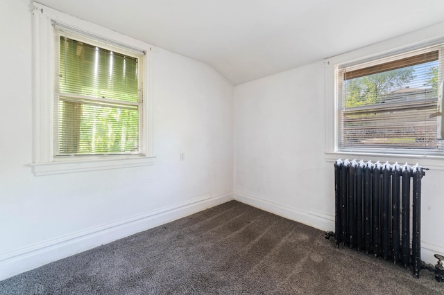 1511 4th St, Duluth, MN 55812 - empty room with radiator heating unit, dark carpet, vaulted ceiling, and baseboards