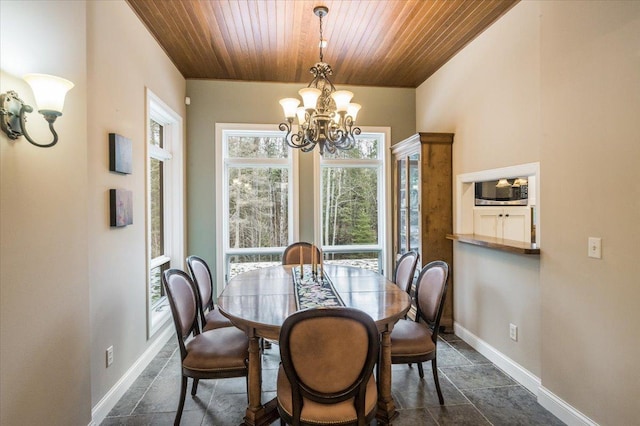 1753 Old N Shore Rd, Duluth Twp, MN 55804 - dining space with wood ceiling, a chandelier, and stone tile floors