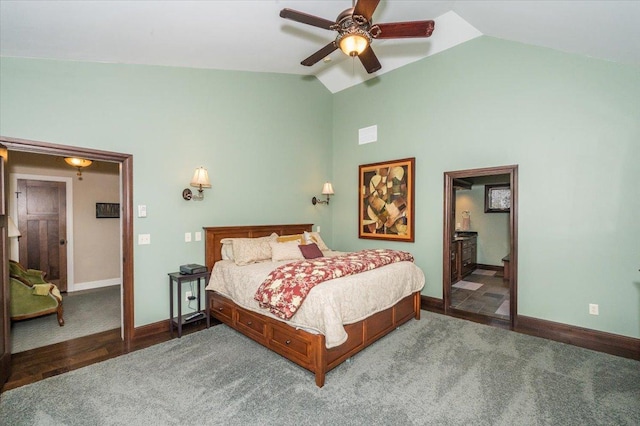 1753 Old N Shore Rd, Duluth Twp, MN 55804 - bedroom with high vaulted ceiling, carpet floors, ceiling fan, and ensuite bath