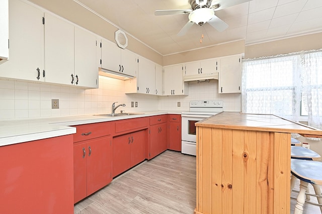 409 3rd St, Bovey, MN 55709 - kitchen with white electric range oven, under cabinet range hood, a sink, ceiling fan, and light wood-type flooring