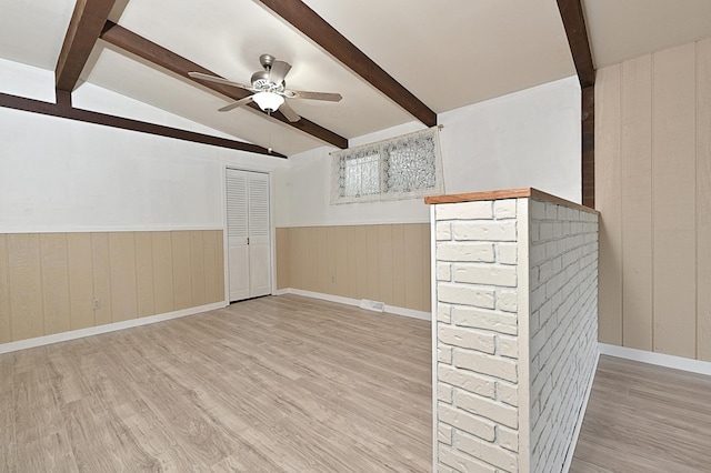 409 3rd St, Bovey, MN 55709 - empty room featuring wood finished floors, ceiling fan, wainscoting, and wooden walls
