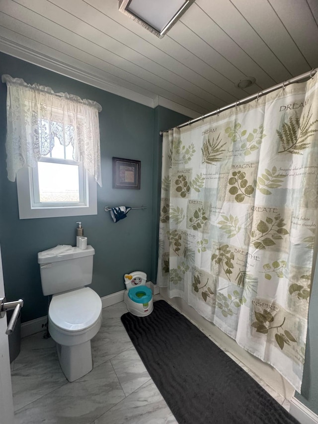 2977 State Highway 68, Marshall, MN 56258 - bathroom featuring wooden ceiling, marble finish flooring, and a shower with shower curtain