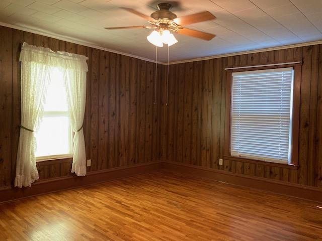 201 Cherry St, Lowry, MN 56349 - empty room featuring plenty of natural light, wood finished floors, ceiling fan, wood walls, and crown molding