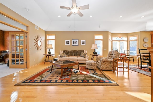14802 Margaret Pl, Minnetonka, MN 55345 - living area featuring healthy amount of natural light, wood finished floors, a ceiling fan, and recessed lighting