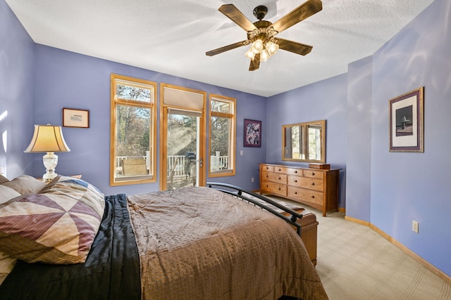 14802 Margaret Pl, Minnetonka, MN 55345 - bedroom featuring access to outside, light carpet, a ceiling fan, and a textured ceiling