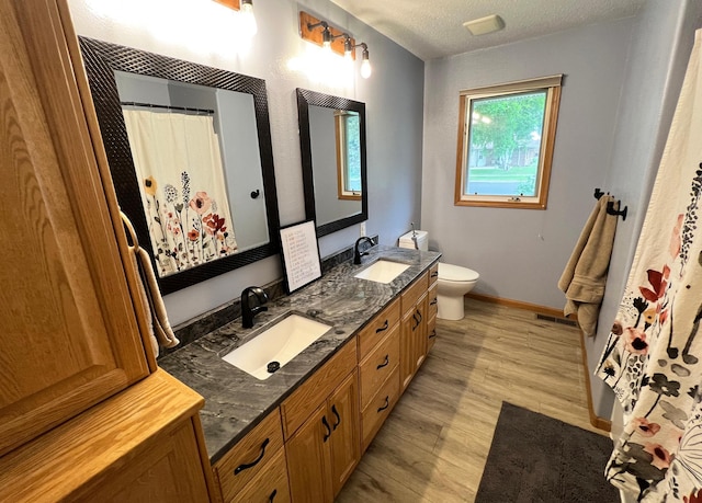 211 5th St NE, Barnesville, MN 56514 - full bathroom featuring toilet, double vanity, wood finished floors, a textured ceiling, and baseboards