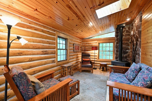3938 State Road 77, Swiss Twp, WI 54830 - sitting room with a wood stove, log walls, plenty of natural light, wood finished floors, and wood ceiling