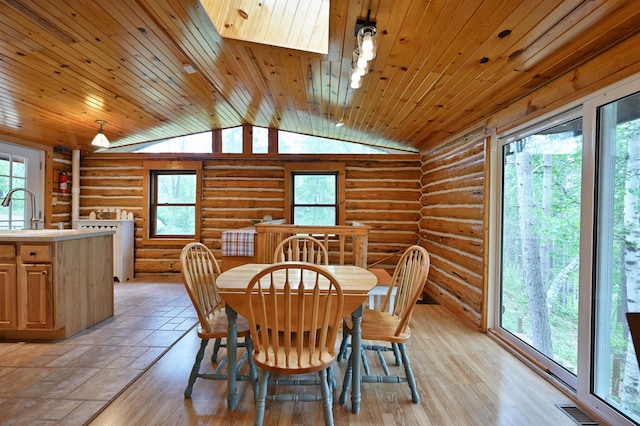 3938 State Road 77, Swiss Twp, WI 54830 - dining area featuring log walls, lofted ceiling, healthy amount of natural light, and wooden ceiling