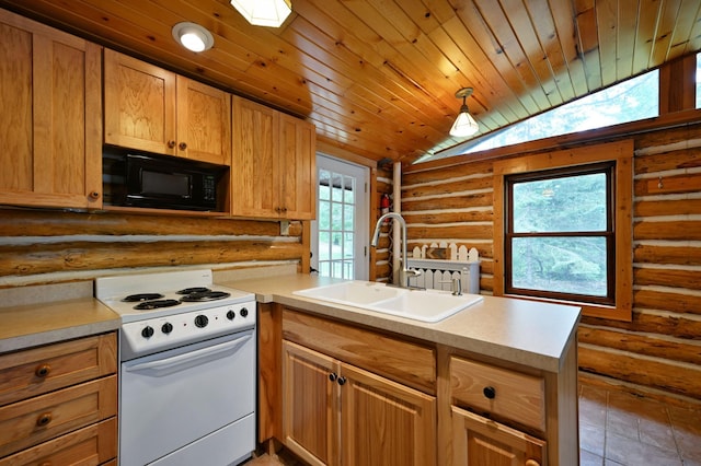 3938 State Road 77, Swiss Twp, WI 54830 - kitchen with white electric range oven, black microwave, rustic walls, a peninsula, and vaulted ceiling