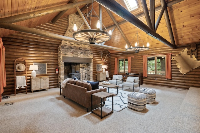 21750 Elk Lake Rd NW, Elk River, MN 55330 - carpeted living area featuring a chandelier, high vaulted ceiling, wood ceiling with exposed beams, and rustic walls
