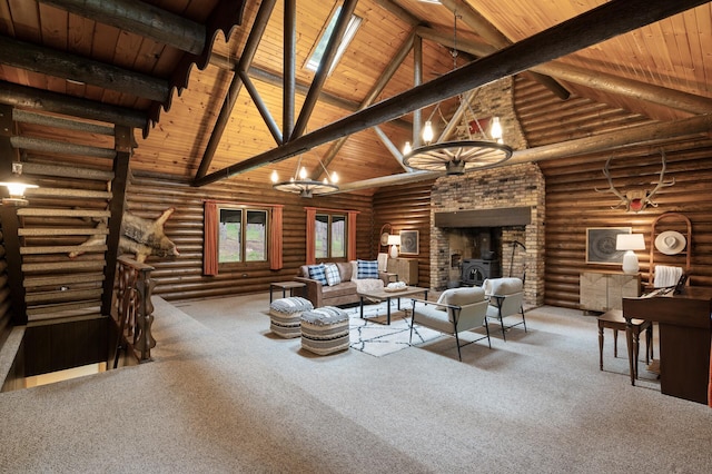 21750 Elk Lake Rd NW, Elk River, MN 55330 - living room featuring a chandelier, wooden ceiling with exposed beams, high vaulted ceiling, log walls, and carpet floors
