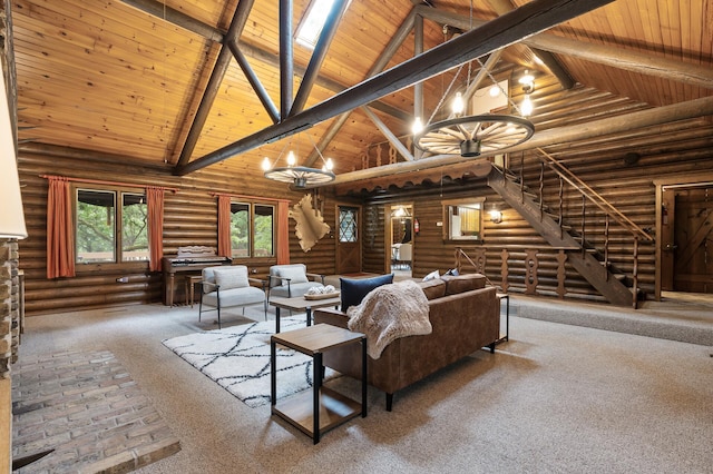 21750 Elk Lake Rd NW, Elk River, MN 55330 - carpeted living room featuring rustic walls, a chandelier, high vaulted ceiling, and wood ceiling with exposed beams
