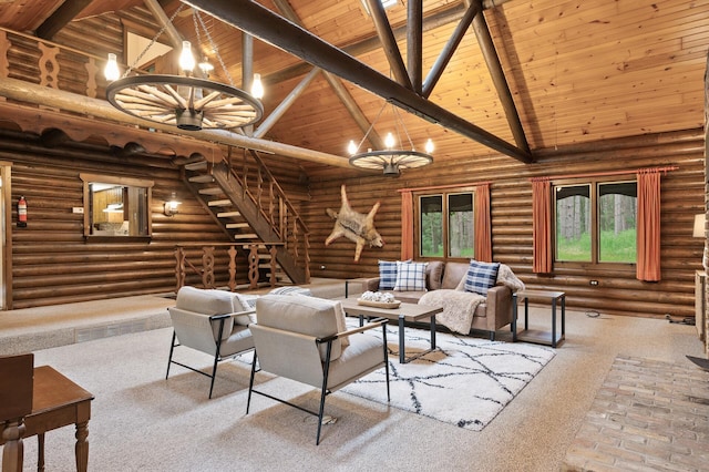 21750 Elk Lake Rd NW, Elk River, MN 55330 - carpeted living area featuring a chandelier, wood ceiling with exposed beams, high vaulted ceiling, and log walls