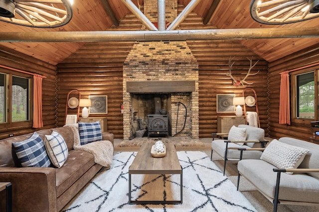 21750 Elk Lake Rd NW, Elk River, MN 55330 - living room featuring wooden ceiling with exposed beams, a wood stove, log walls, and high vaulted ceiling