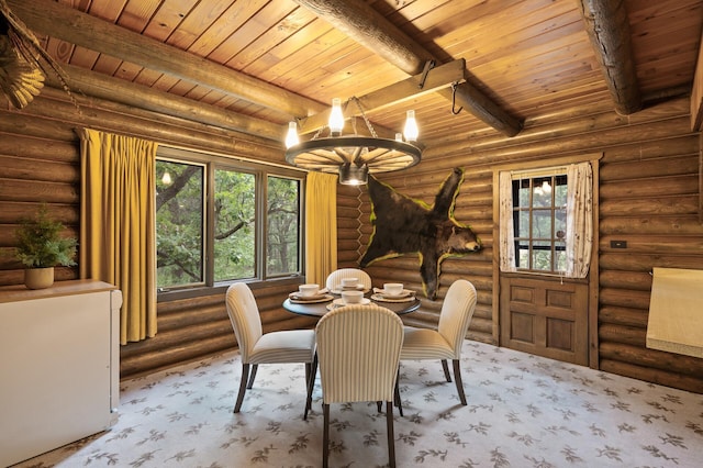 21750 Elk Lake Rd NW, Elk River, MN 55330 - dining space featuring wood ceiling with exposed beams, a chandelier, and log walls