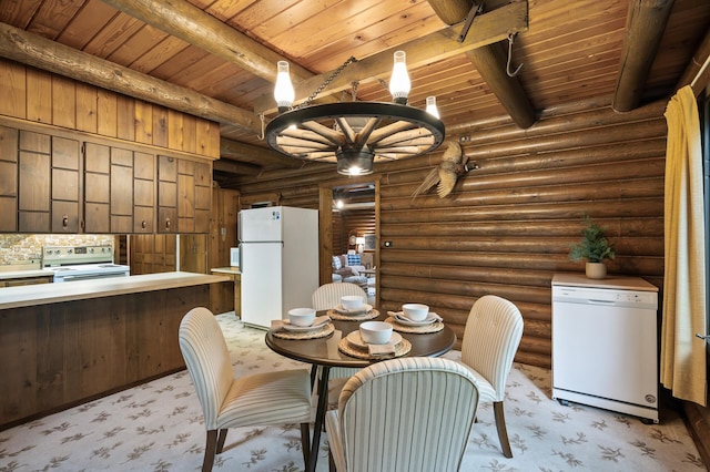 21750 Elk Lake Rd NW, Elk River, MN 55330 - dining area with wood ceiling with exposed beams, light carpet, and rustic walls