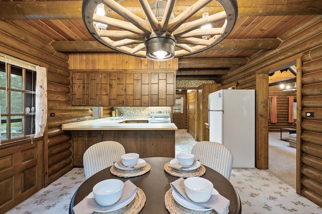 21750 Elk Lake Rd NW, Elk River, MN 55330 - dining room featuring wooden ceiling with exposed beams, log walls, and light carpet