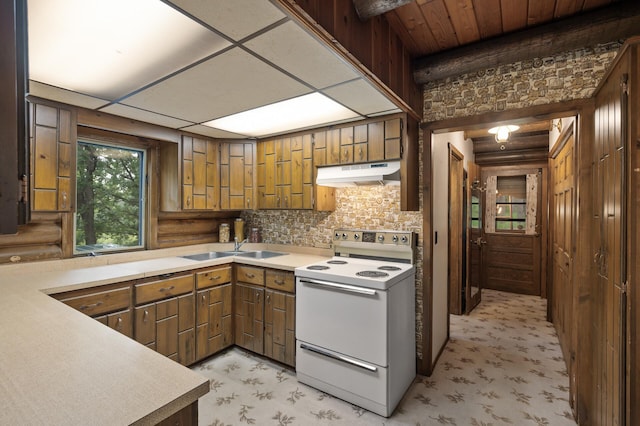 21750 Elk Lake Rd NW, Elk River, MN 55330 - kitchen with white electric stove, under cabinet range hood, a sink, light countertops, and light colored carpet