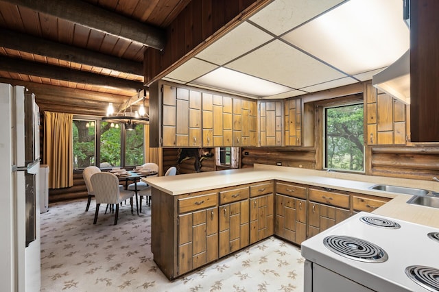 21750 Elk Lake Rd NW, Elk River, MN 55330 - kitchen with white appliances, a peninsula, plenty of natural light, light countertops, and log walls