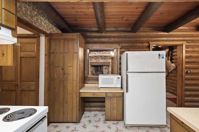 21750 Elk Lake Rd NW, Elk River, MN 55330 - kitchen featuring white appliances, log walls, wood ceiling with exposed beams, light countertops, and brown cabinetry