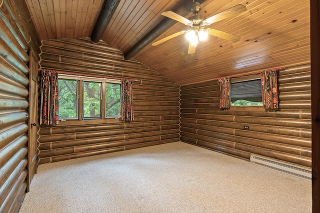 21750 Elk Lake Rd NW, Elk River, MN 55330 - carpeted empty room featuring log walls, wooden ceiling, and a ceiling fan