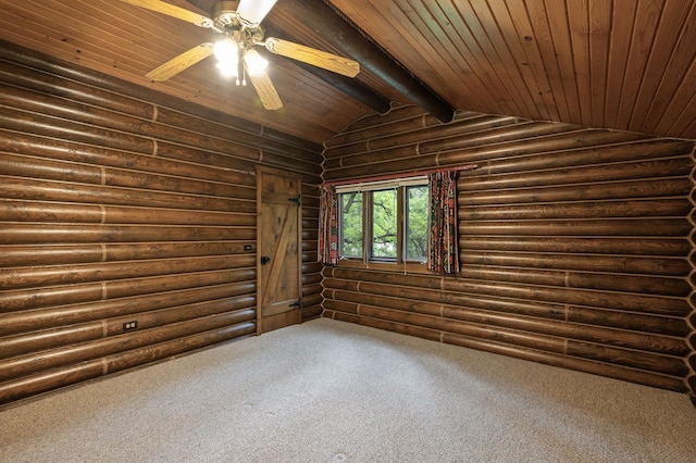 21750 Elk Lake Rd NW, Elk River, MN 55330 - empty room with dark carpet, rustic walls, ceiling fan, and wood ceiling