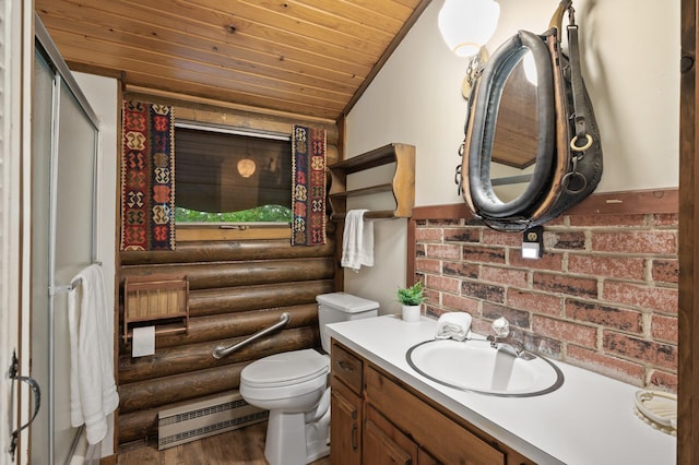 21750 Elk Lake Rd NW, Elk River, MN 55330 - bathroom with baseboard heating, wooden ceiling, log walls, vanity, and toilet