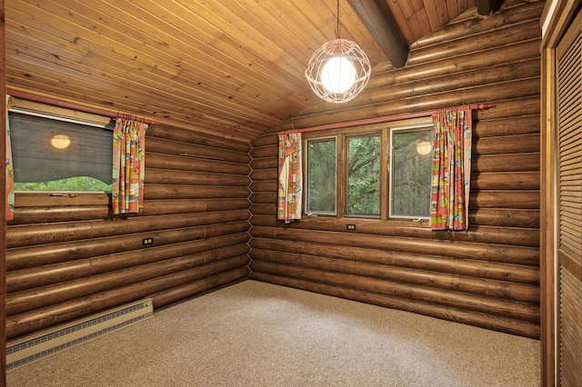 21750 Elk Lake Rd NW, Elk River, MN 55330 - unfurnished room with lofted ceiling, wooden ceiling, rustic walls, and carpet floors