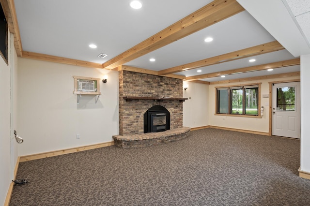 21750 Elk Lake Rd NW, Elk River, MN 55330 - unfurnished living room with carpet, recessed lighting, beamed ceiling, a brick fireplace, and baseboards