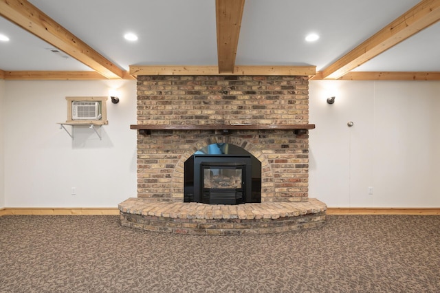 21750 Elk Lake Rd NW, Elk River, MN 55330 - unfurnished living room featuring beamed ceiling, a fireplace, a wall unit AC, recessed lighting, and carpet