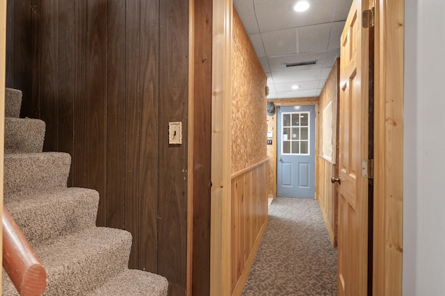 21750 Elk Lake Rd NW, Elk River, MN 55330 - stairway featuring carpet floors, a wainscoted wall, recessed lighting, a drop ceiling, and wood walls
