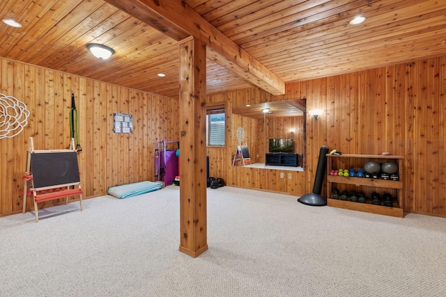 989 Coneflower Ct, Eagan, MN 55123 - carpeted living room with wood ceiling and wooden walls