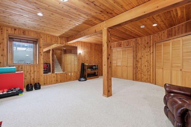 989 Coneflower Ct, Eagan, MN 55123 - unfurnished living room with carpet, wood walls, and wooden ceiling