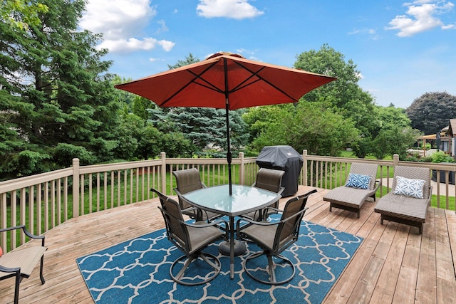 989 Coneflower Ct, Eagan, MN 55123 - wooden deck with a grill, outdoor dining area, and view of wooded area