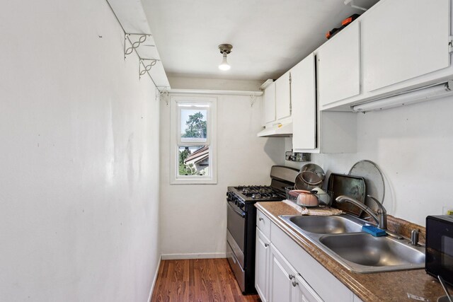 1384 Midway Pkwy, Saint Paul, MN 55108 - kitchen with stainless steel gas range oven, under cabinet range hood, white cabinets, and dark wood finished floors