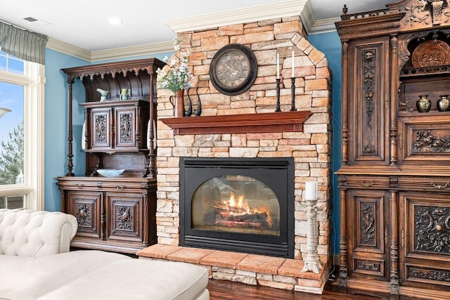 969 Deerview Ln, Two Harbors, MN 55616 - living area with a stone fireplace and crown molding