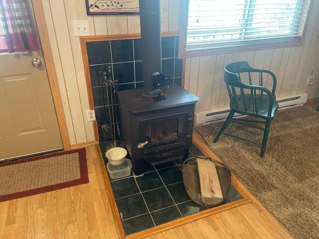 4716 Big Rice Lake Rd NE, Thunder Lake Twp, MN 56672 - bathroom with wood walls, wood finished floors, and a wood stove