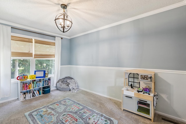 2740 Simons Dr, Chaska, MN 55318 - recreation room with a chandelier, carpet, crown molding, and a textured ceiling