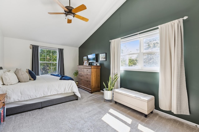 2740 Simons Dr, Chaska, MN 55318 - carpeted bedroom with high vaulted ceiling and ceiling fan