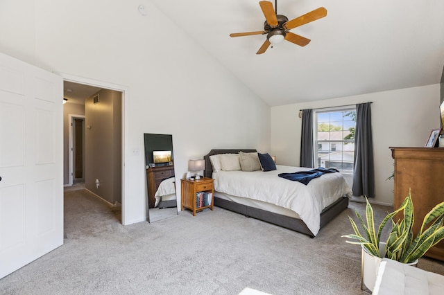 2740 Simons Dr, Chaska, MN 55318 - bedroom featuring light colored carpet, high vaulted ceiling, and ceiling fan