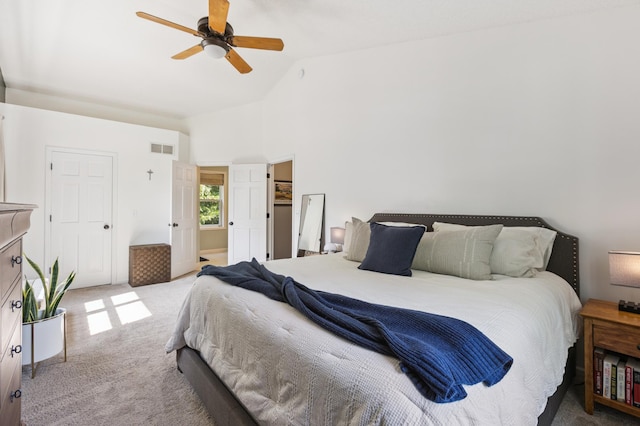 2740 Simons Dr, Chaska, MN 55318 - carpeted bedroom with high vaulted ceiling and ceiling fan