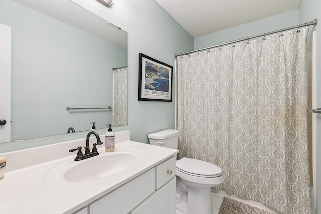 2740 Simons Dr, Chaska, MN 55318 - full bathroom featuring vanity, tile patterned floors, a textured ceiling, and a shower with curtain