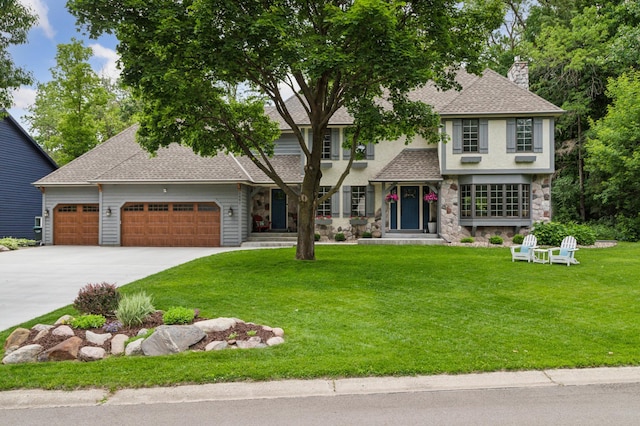 1561 Creek Run Trl, Chanhassen, MN 55331 - view of front of home featuring an attached garage, a chimney, driveway, a shingled roof, and a front yard