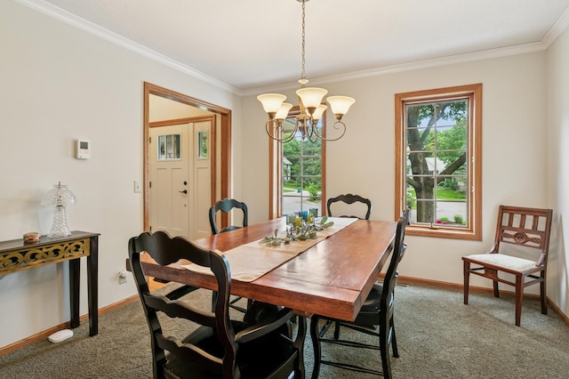 1561 Creek Run Trl, Chanhassen, MN 55331 - dining area featuring carpet flooring, crown molding, and a chandelier