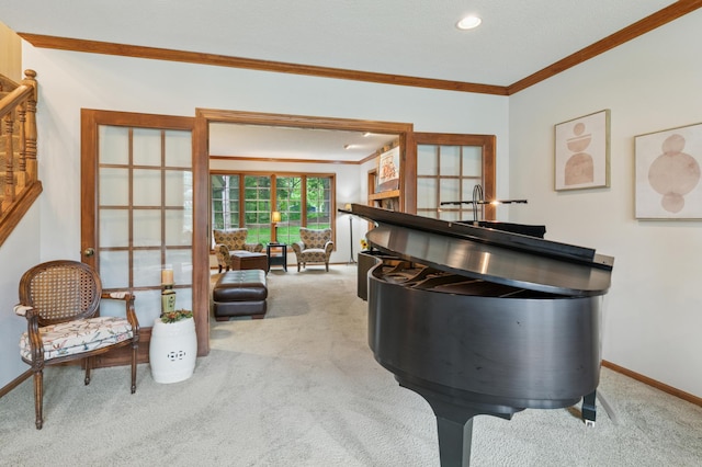 1561 Creek Run Trl, Chanhassen, MN 55331 - living room featuring carpet flooring, crown molding, french doors, and recessed lighting